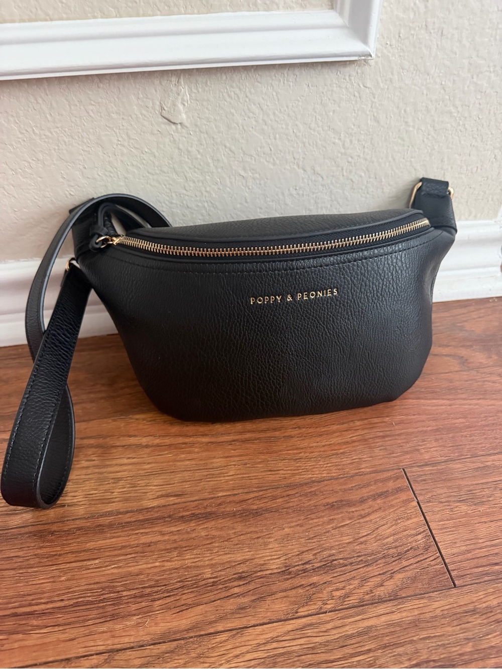 Poppy & Peonies Black Pebbled Leather SIDEKICK Belt Bag with Gold Hardware